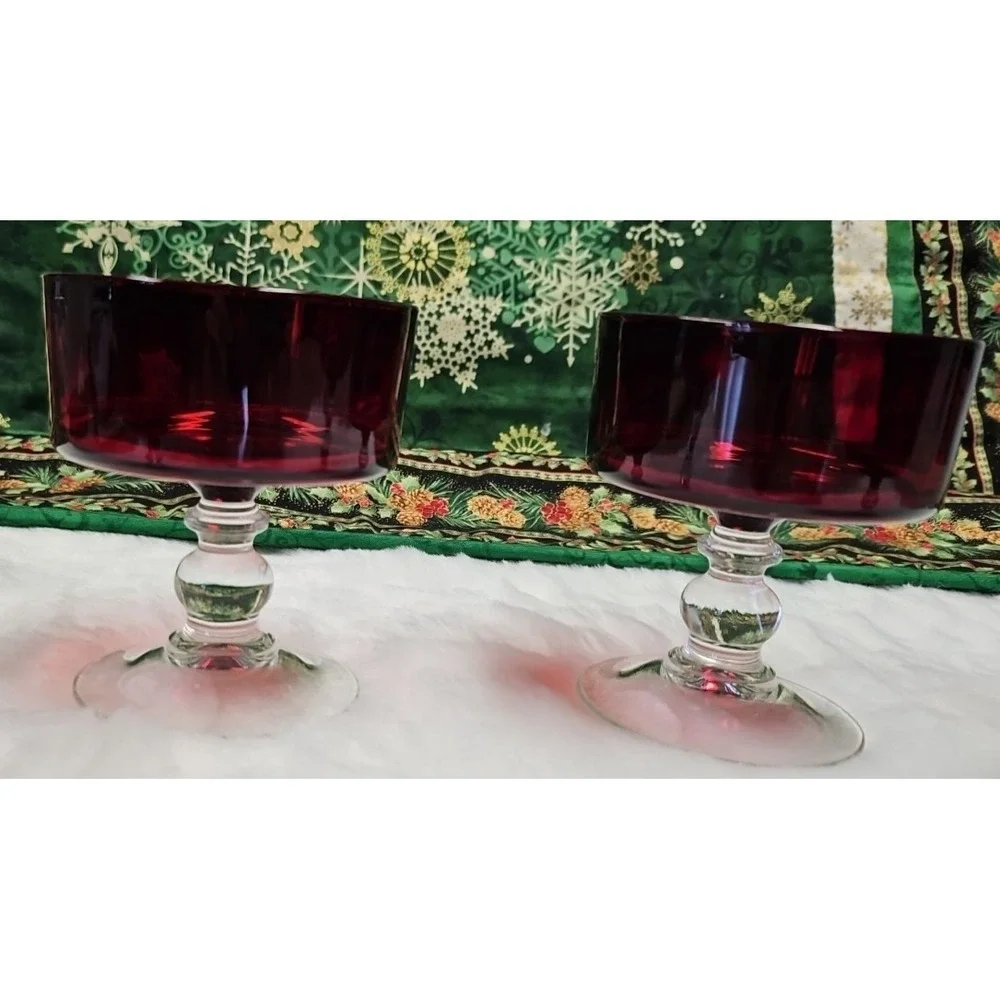 Vintage‎ Red Ruby Champagne Clear Ball Stem Glass Pair 